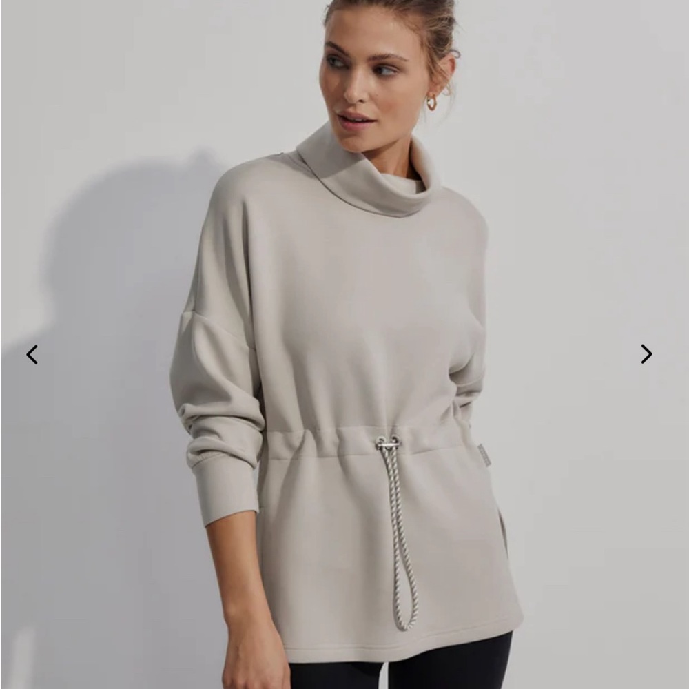 Varley Freya Sweat in Ivory Marl. Tunic, cinch waist, soft sweatshirt, mockneck